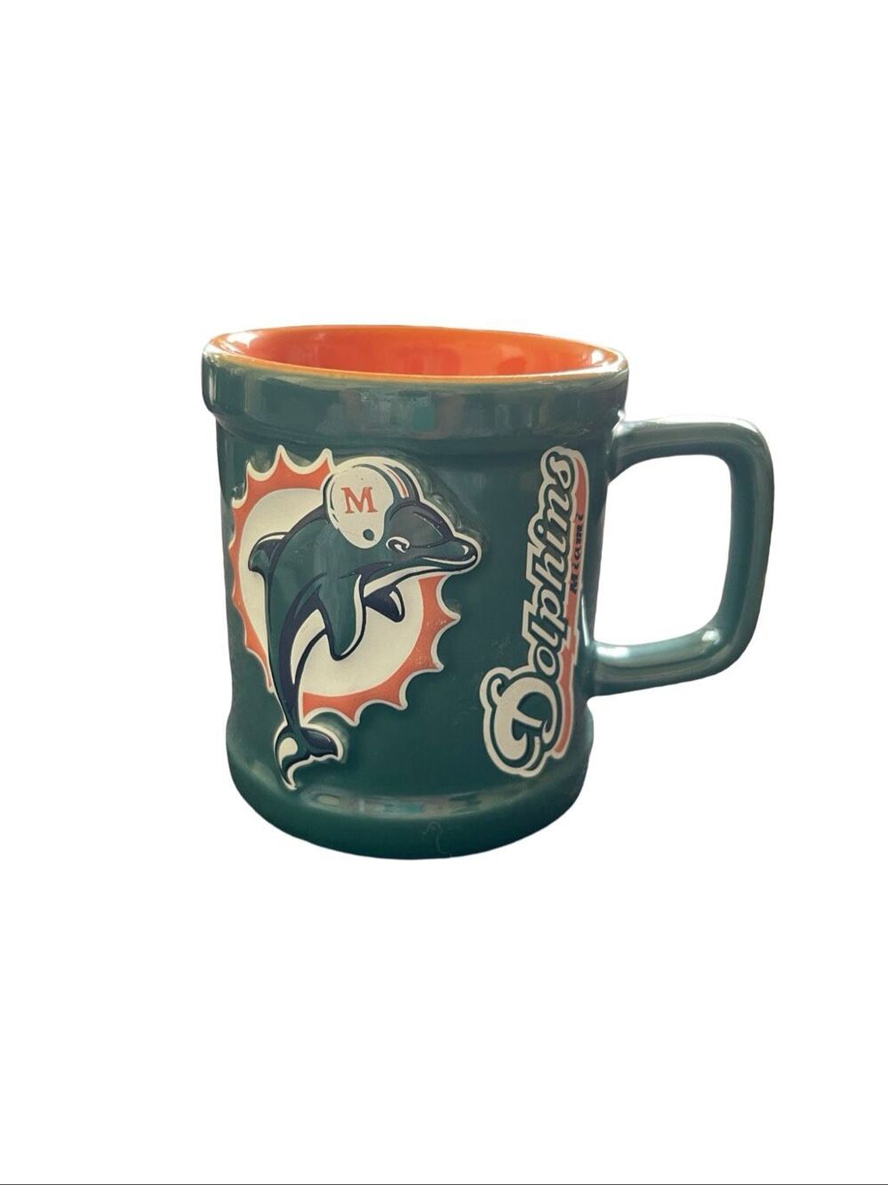 NFL 1999 Orange Green Miami Dolphins 3D Sculpted Logo Ceramic Coffee Mug